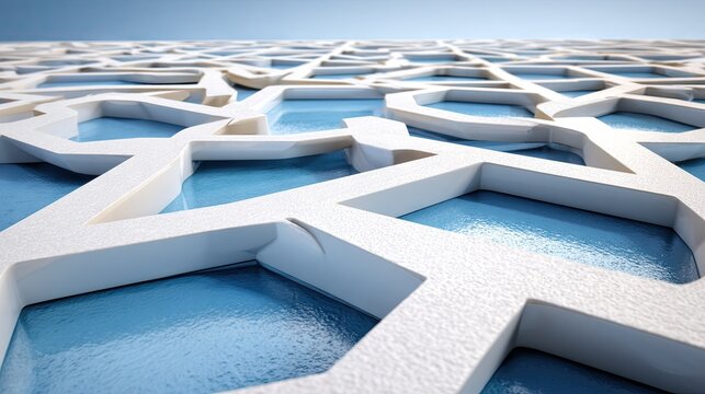 Geometric architectural pattern with repeating shapes and blue background