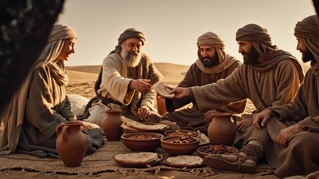 Ancient Hospitality in the Desert - Abraham and his travelers sharing a meal, exhibiting ancient hospitality in a desert setting.