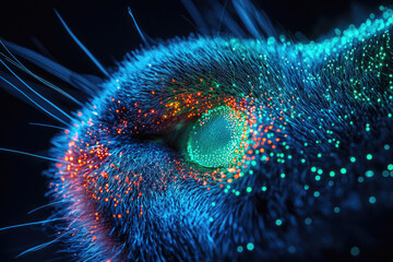 A futuristic blue entity with glowing fiber optic fur and a radiant digital eye, merging biology with technology and neural networks.