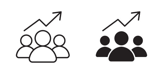 Team growth icon set in outline and silhouette style, representing business development, teamwork progress, workforce expansion, and leadership improvement, vector illustration.
