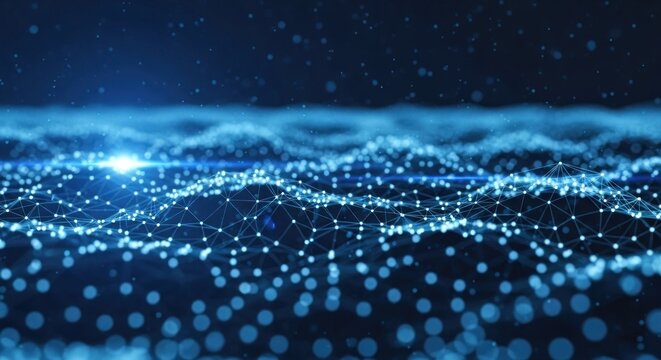 Dynamic blue digital mesh of glowing particles creating an interconnected data wave - Powered by Adobe