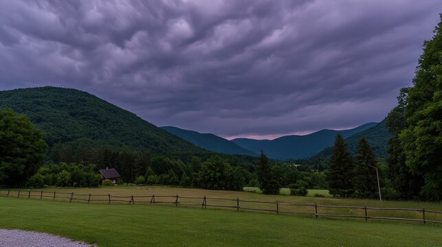 midgard. Dark purple storm clouds gathering before rainfall, dramatic sky formation, natural weather phenomenon. travel magazines, destination branding, designed for travel destination branding.