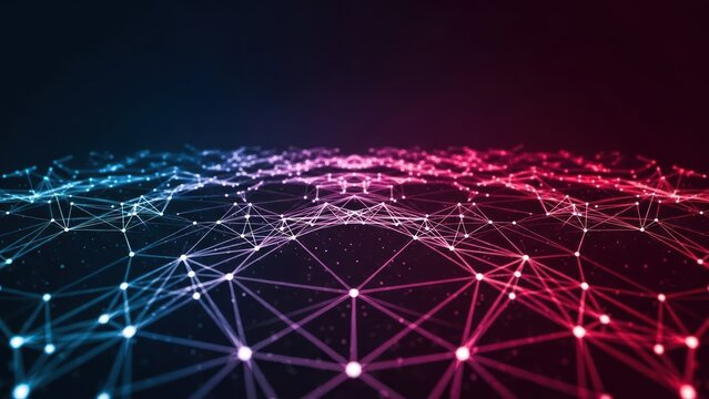 Dynamic data network visualization with glowing nodes and lines, gradient blue to red