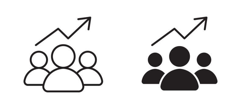 Team growth icon set in outline and silhouette style, representing business development, teamwork progress, workforce expansion, and leadership improvement, vector illustration.
