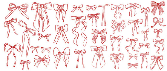 A large set of hand-drawn red ribbon bows in various shapes and styles. Perfect for Valentine’s Day designs, gift decoration, stickers, cards, and festive illustrations. PNG image