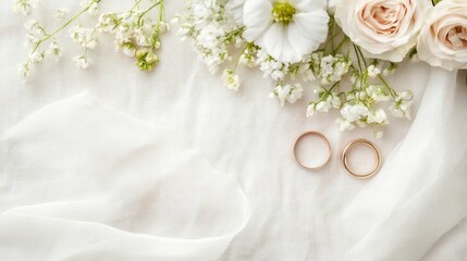 Gold wedding rings nestled among delicate white flowers and green leaves on soft white fabric. Elegant wedding day concept with copy space