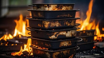Stacked cooking pans with fire flames in the background