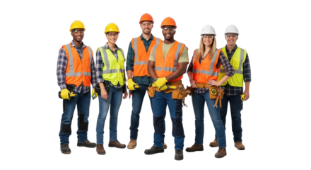 High quality illustration of diverse construction team smiling in safety gear representing group, team, workers for