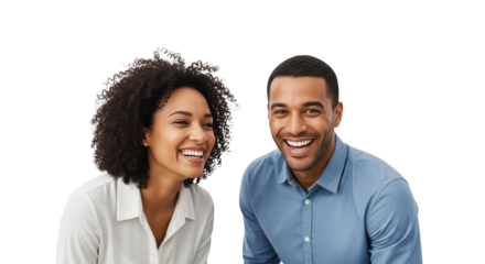Detailed representation of diverse couple laughing together portrait highlighting couple, diverse, african in realistic and elegant