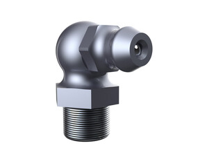 Machinery Lubrication Component: Detailed 90-Degree Zerk Fitting (Grease Nipple) in High-Resolution 3D Render, Silver Metal with Threaded Base, Isolated Technical Element on Transparent PNG Background
