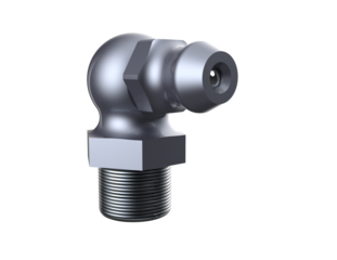 Machinery Lubrication Component: Detailed 90-Degree Zerk Fitting (Grease Nipple) in High-Resolution 3D Render, Silver Metal with Threaded Base, Isolated Technical Element on Transparent PNG Background