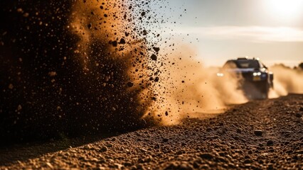 Dynamic shot of a fast rally car on a dirt track, throwing up dirt and dust
