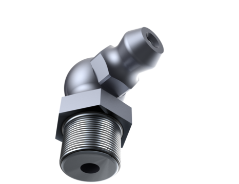 Machinery Lubrication Component: Detailed 90-Degree Zerk Fitting (Grease Nipple) in High-Resolution 3D Render, Silver Metal with Threaded Base, Isolated Technical Element on Transparent PNG Background