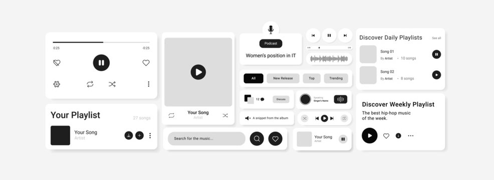 Minimalist music interface widget collection for mobile apps, featuring playlist cards, audio controls, podcast UI, trending filters, and parental advisory badge in grayscale UI style.