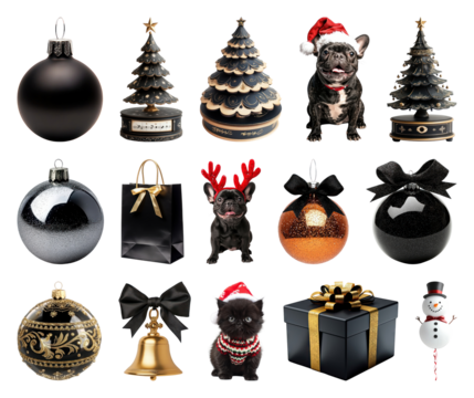 PNG Festive holiday decorations with pets, element set on transparent background