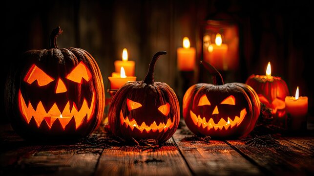 Glowing carved pumpkins with candles creating a spooky halloween night scene