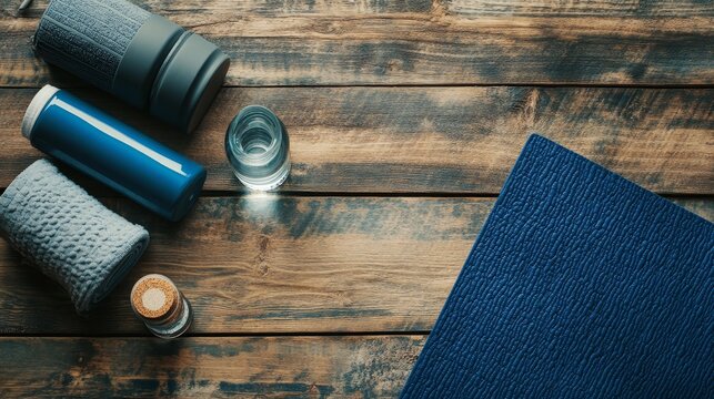 Blue water bottles, towels, and exercise mat arranged on weathered wooden floor. Healthy lifestyle and workout concept with copy space