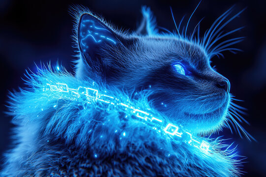 A futuristic cybernetic cat with glowing blue circuitry on its ear and collar, depicting an AI or digital feline. - Powered by Adobe