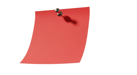Red sticky note pinned with a thumbtack isolated on white background
