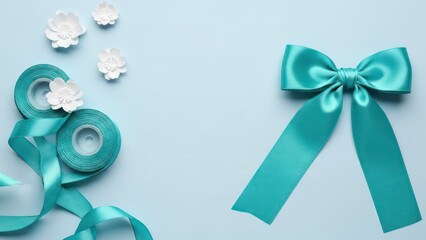 Elegant teal satin bow and ribbon spools with white flowers on a light blue background