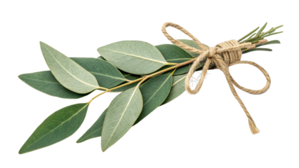 A sprig of eucalyptus leaves tied with twine, isolated on transparent background