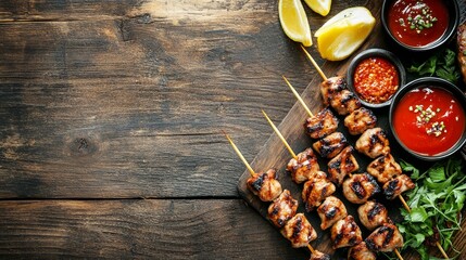 Juicy grilled chicken skewers served on a wooden board with various colorful dipping sauces, lemon wedges, and fresh herbs, perfect for BBQ concepts
