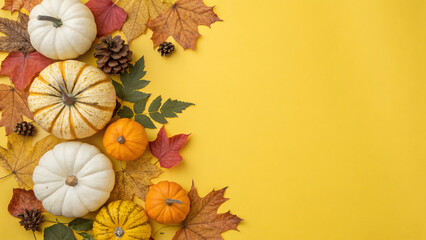 top view of White, orange, and striped pumpkins are placed with colorful autumn leaves and pinecones on a bright yellow background.