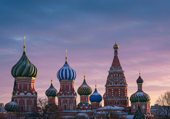 Vibrant colors and distinctive architectural domes rise against a winter sky, evoking a grand historical aesthetic ,fairytale ,red ,cupola