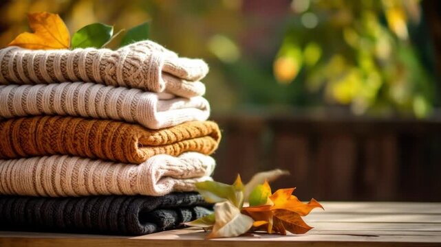 Stacked sweaters with autumn leaves showcasing texture and warm color palette