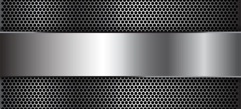 Metal background shiny silver chrome metallic with halftone dots pattern, silver polished steel texture wallpaper 3d vector illustration.