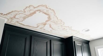 Extensive brown water damage stains spread across a white ceiling above dark cupboards