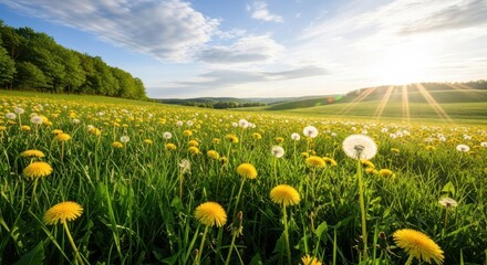 Expansive meadow of vibrant yellow dandelions and fluffy white seed heads under sunbeams