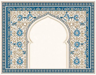 Islamic art frame with geometric patterns and an archway in blue and gold tones