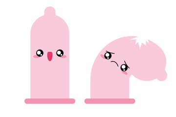 Condom cartoon character. Protection, contraception. Broken condom, unwanted pregnancy. Safe sex, contraception. Cute emoji preservative. Vector illustration isolated on white background.