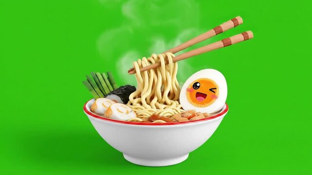 A Whimsical 3D Rendered Bowl of Ramen Noodles with a Joyful Boiled Egg Companion Held by Chopsticks Against a Vibrant Green Screen Background Perfect for
