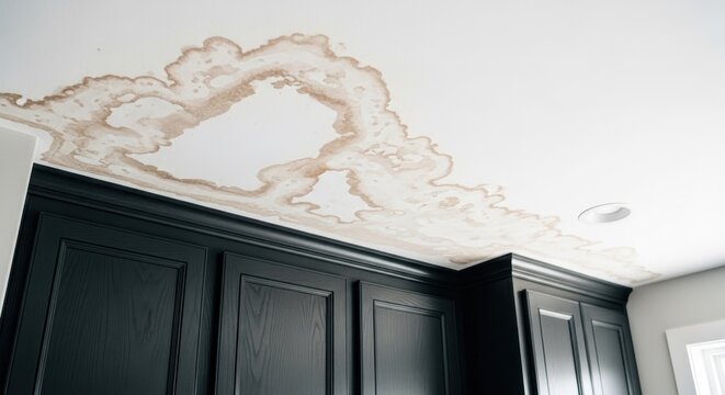 Extensive brown water damage stains spread across a white ceiling above dark cupboards