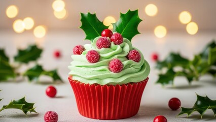 Festive cupcake with green frosting, sugared red berries, and holly against bokeh lights