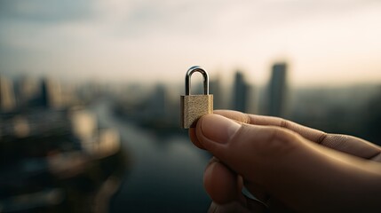 Hand holding a padlock against a blurred city skyline background