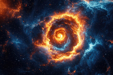 Fototapeta premium A magnificent cosmic spiral of fiery orange gas glows intensely amidst swirling blue nebulae and countless distant stars, creating a celestial spectacle.
