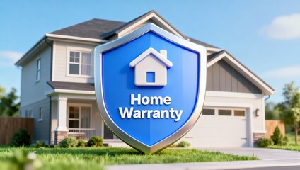 
Home warranty blue shield icon in front of residential house with garage representing property protection coverage and homeowner insurance guarantee