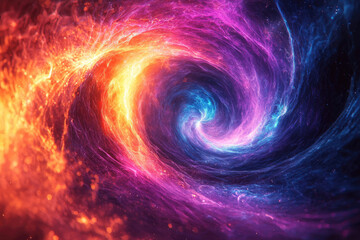 A vibrant cosmic vortex displaying a breathtaking swirl of fiery red, orange, purple, and blue energy, evoking a powerful, dynamic nebula.