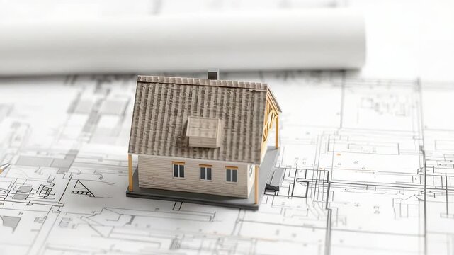 Small house model placed on architectural blueprints with detailed construction plans and rolled paper creating a clean professional design workspace scene