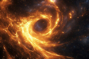 A mesmerizing cosmic maelstrom of fiery orange and golden energy swirling around a dark galactic core, surrounded by starry void, portraying immense celestial power.