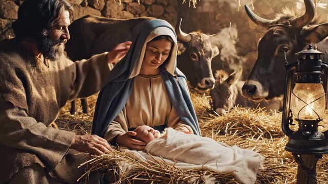 Nativity Scene: Birth of Jesus Christ - This video depicts the birth of Jesus Christ in Bethlehem, with Mary and Joseph sitting next to the manger.