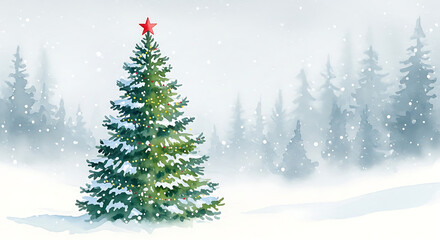 Fototapeta premium Watercolor Christmas Tree with Red Star in Winter Landscape