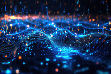 A dynamic abstract representation of digital data flow and interconnected networks, featuring glowing blue and orange particles across an undulating technological landscape.