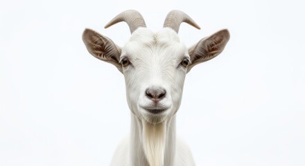 Obraz premium Front-facing portrait of a white goat with horns and beard on a clean white background