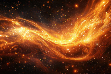 Naklejka premium A vibrant cosmic nebula with swirling golden and orange energy, illuminated by countless sparkling stars in deep space.