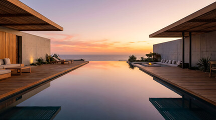 Luxury resort infinity pool at sunset with stunning ocean view