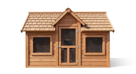 Obraz premium Front view of a rustic wooden shed with shingle roof, screened door, and two windows